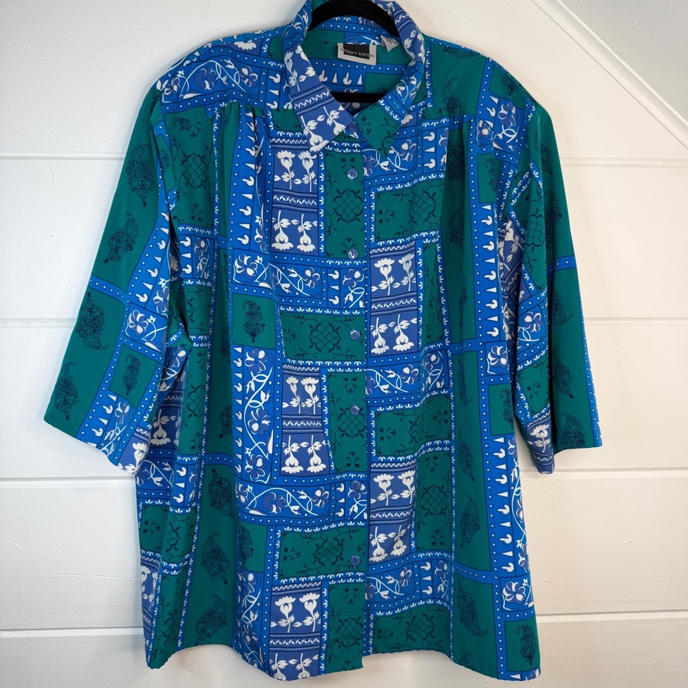 Maggie Barnes 5X Bandana Print Button Down Short Sleeve Shirt‎ Blue Green